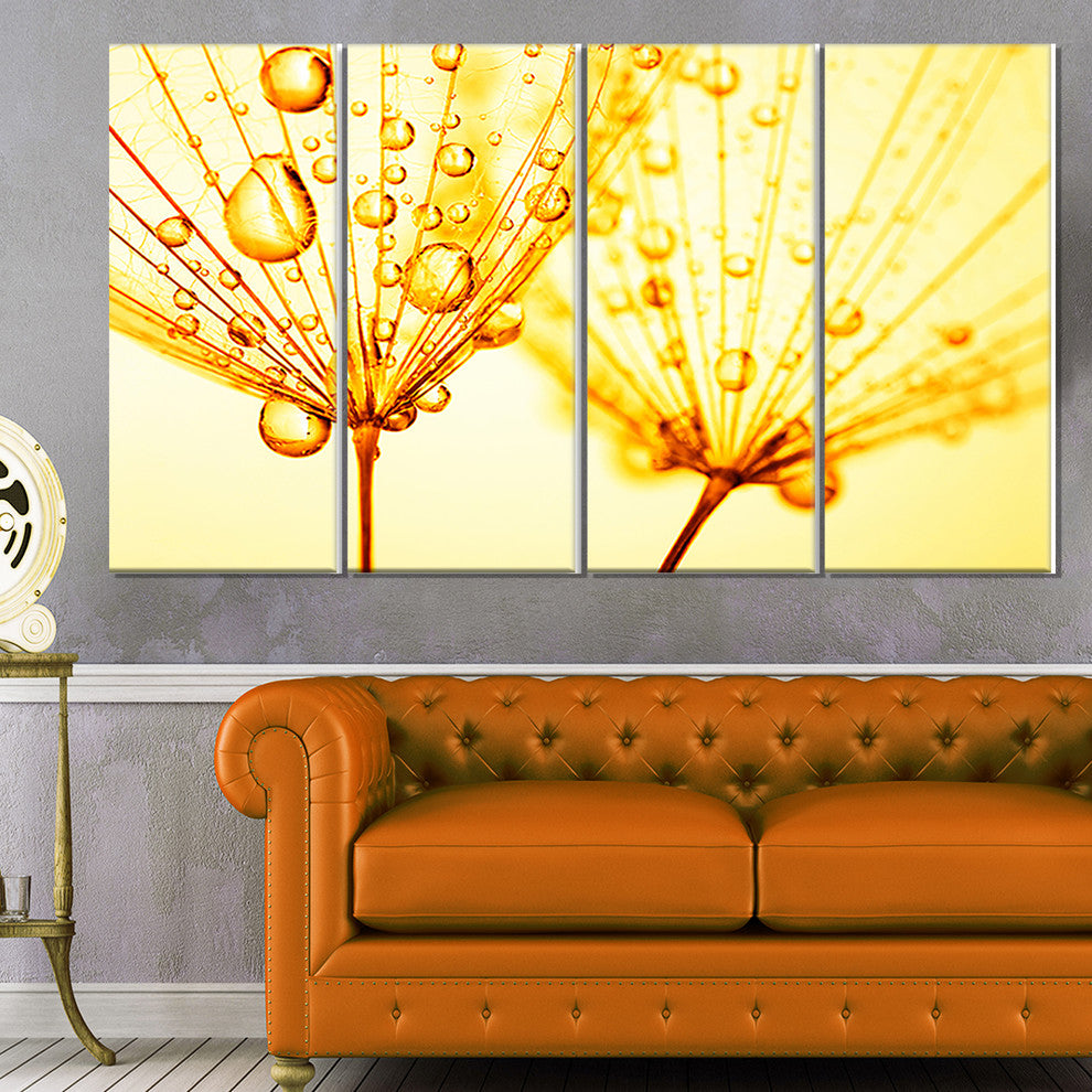 Dandelion Seeds with Water Drops, Floral Canvas Art Print, 48"x28", 4 Panels