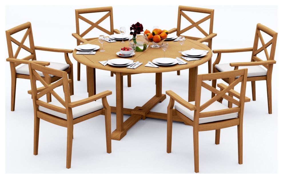 7-Piece Outdoor Teak Dining Set: 60" Round Table, 6 Grand Stacking Arm Chairs