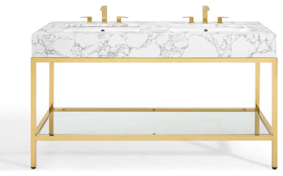 Sink Vanity Cabinet, Artificial Marble, Metal, Gold White, Modern, Bathroom