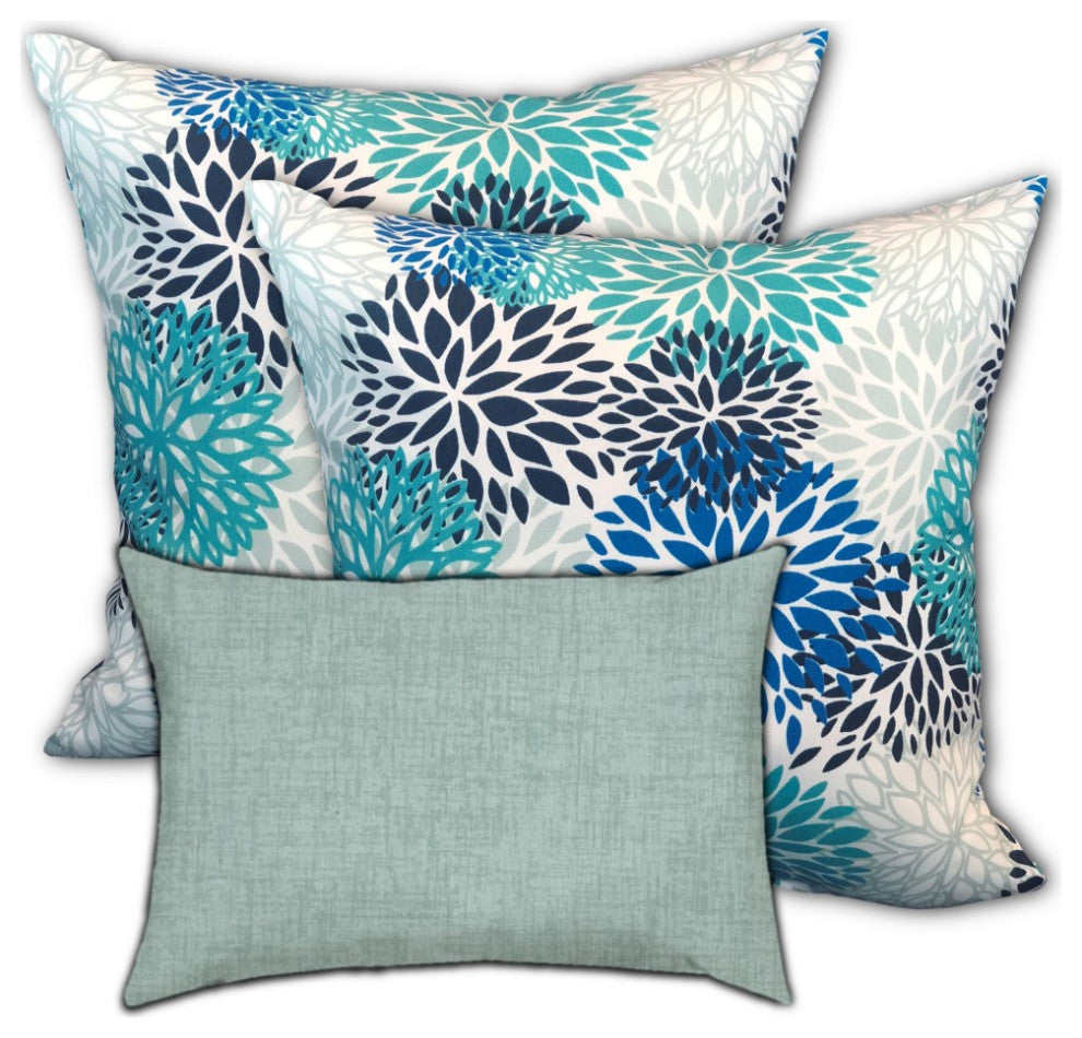 3-Piece Set Seafoam Blooms Indoor Outdoor Zippered Pillows