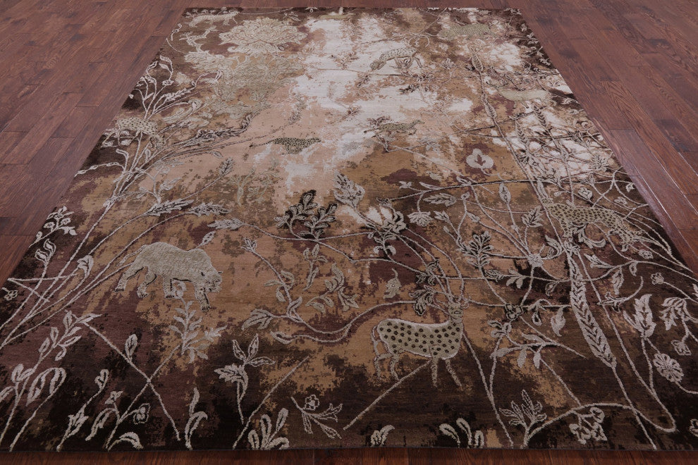 Hand Knotted Modern Wildlife Wool and Silk Rug 8' 2" X 10' 2" Q7085