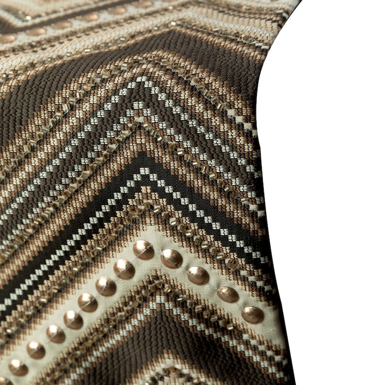 Decorative Table Runner Brown Jacquard Silk, Beaded & Tassels - Timberland