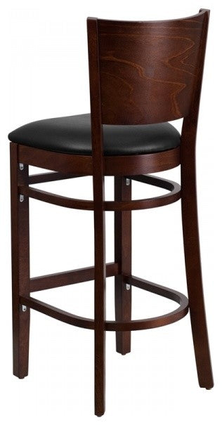 Modern Solid Back Walnut Wood Restaurant Barstool, Black Vinyl Seat