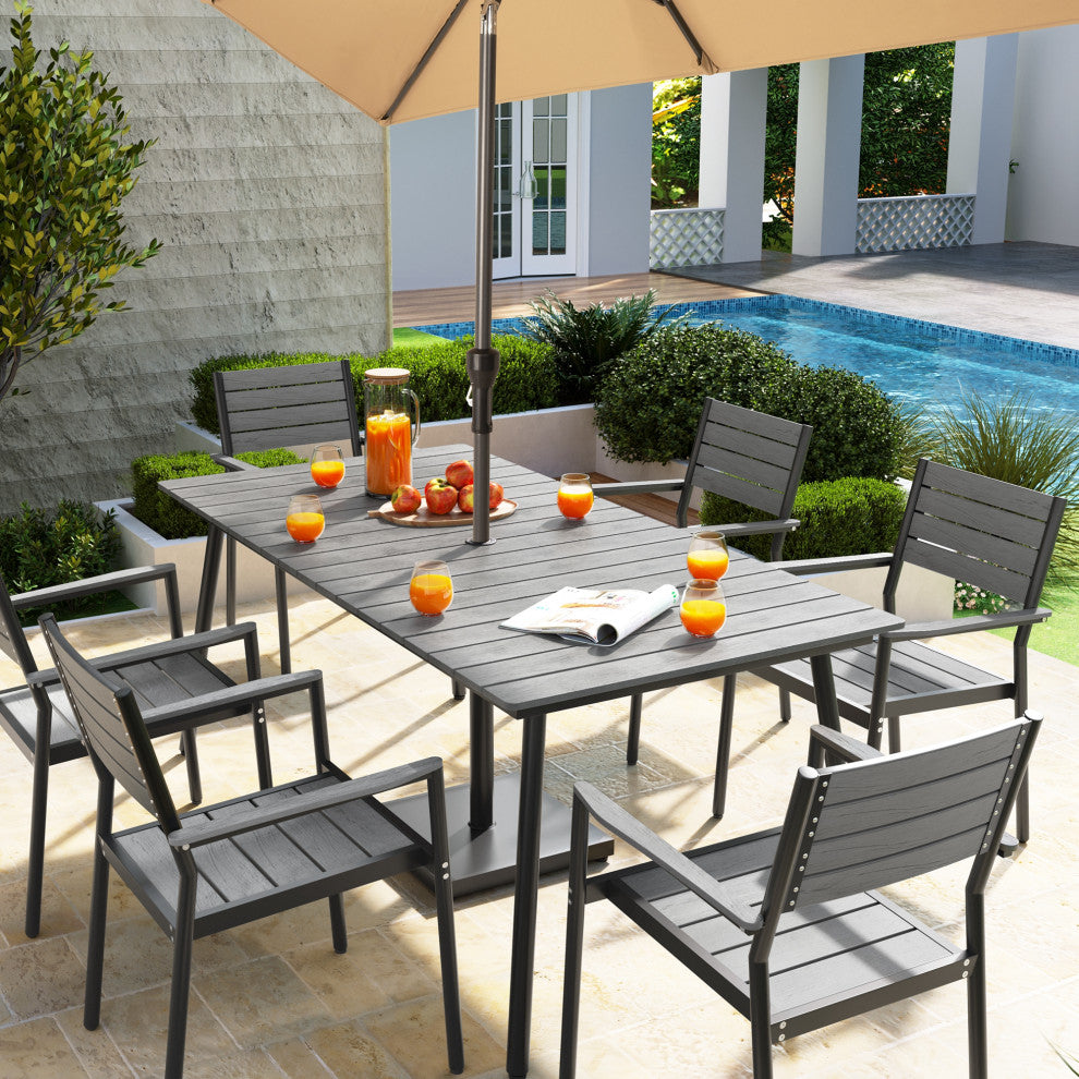 7-Piece Gray Outdoor Patio Set Dining Chairs Table With Umbrella Hole, Dc038