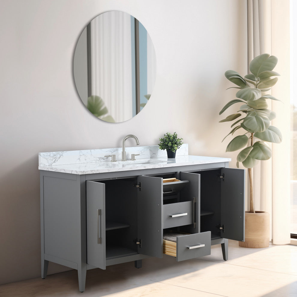 Vanity Art Bathroom Vanity With Sink, Cashmere Gray, 60", Single Sink, Brushed Nickel