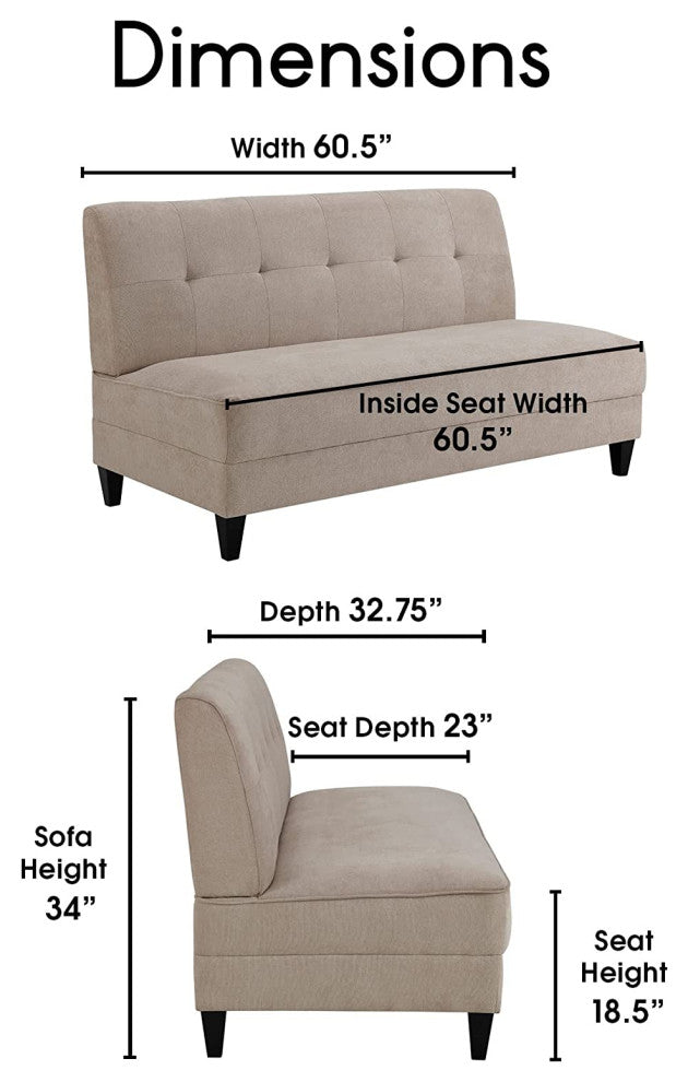 Ivory Chenille Settee With Tufted Back and Midcentury Armless Design