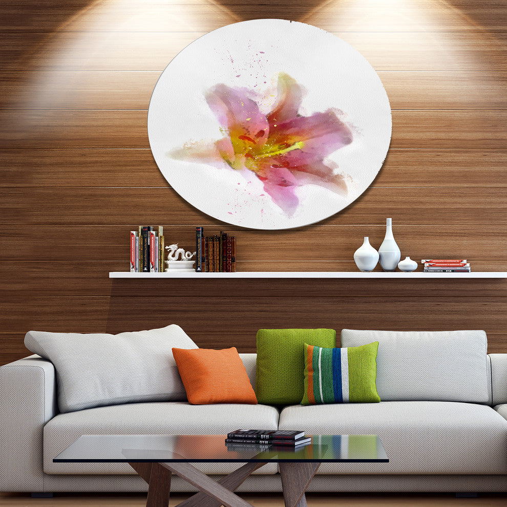 Watercolor Pink Lily Flower Sketch, Floral Round Metal Wall Art, 23"