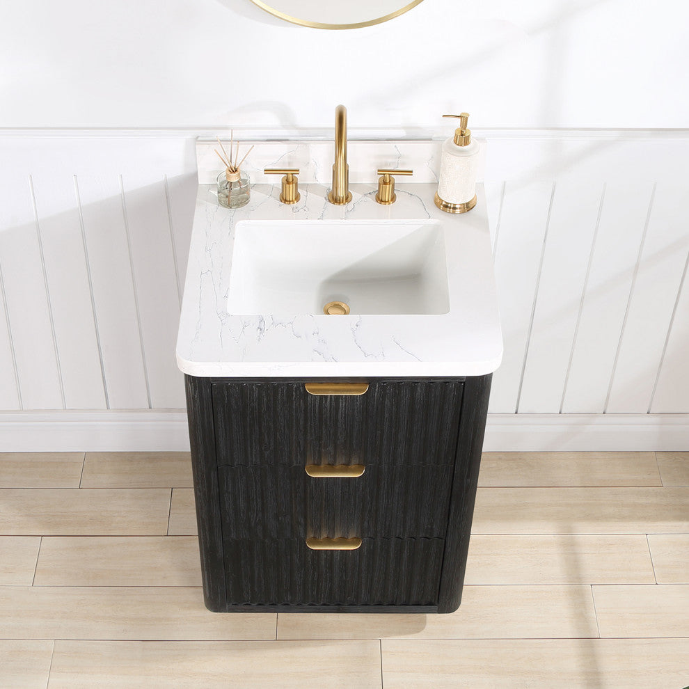 Vinnova Cadiz Bath Vanity, Composite Stone Top, Black, 24", With Mirror
