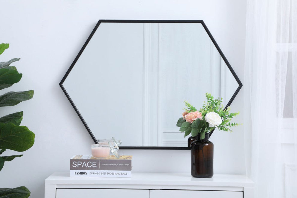 Metal Frame Hexagon Mirror 24", Black