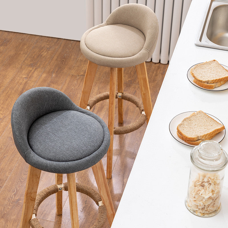 Retro-Styled Rotating High Bar Stool Made of Solid Wood, Beige, Linen