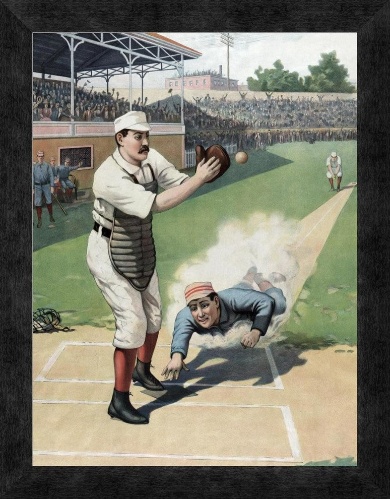 "Baseball Play at the Plate" Framed Canvas Giclee by Vintage Sports, 14"x18"