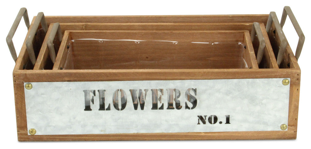 Set Of 3 Wood Storage With Galvanized Cutout Accent