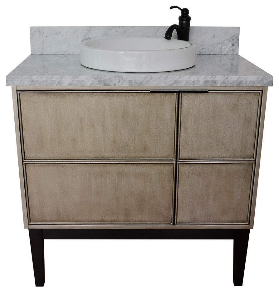 37" Single Vanity, Linen Brown Finish With White Carrara Top And Round Sink