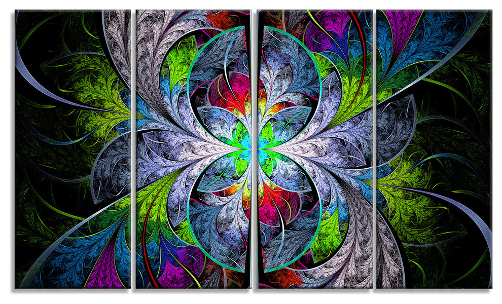 Multi Color Fractal Stained Glass, Abstract Wall Art Canvas, 48"x28", 4 Panels