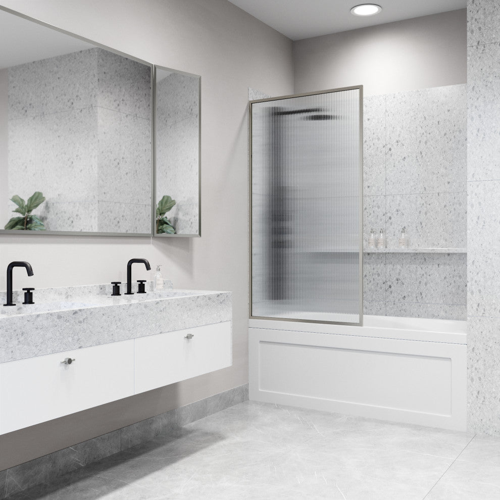 VIGO Meridian Framed Fixed, Stainless Steel, Tub Screen, 34" W X 62" H, Fluted Glass