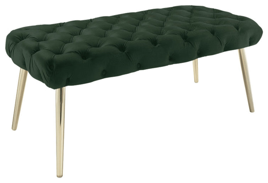 48" Hunter Green And Gold Upholstered Velvet Bench