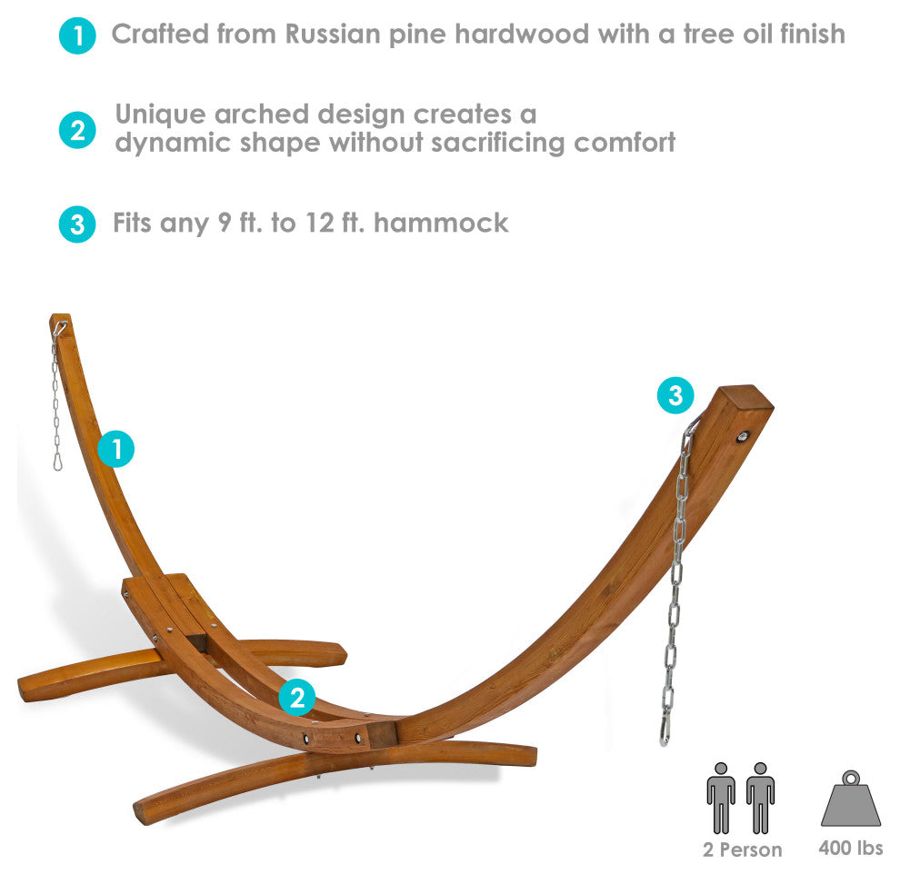 Sunnydaze Solid Wood Curved Hammock Stand With Hooks and Chains, 13'