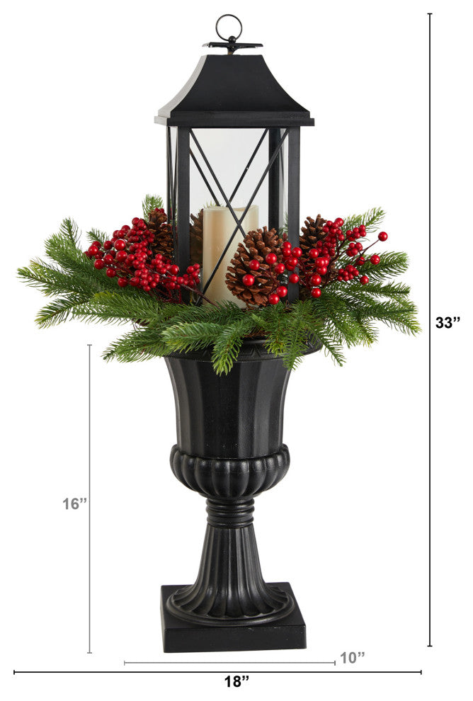 33" Holiday Greenery, Berries & Pinecones, Urn W/ Large Lantern & LED Candle