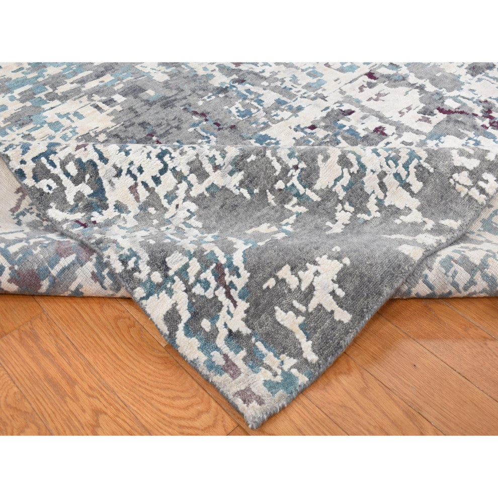 Carbon Gray Modern Abstract Design Hand Knotted Wool and Silk Rug 9'10"x13'7"