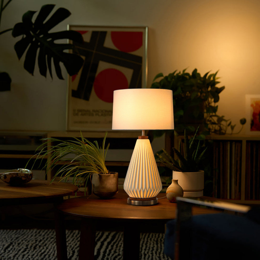 Concord Bone Porcelain Table Lamp - 28", White and Walnut, 4-Way Rotary Switch