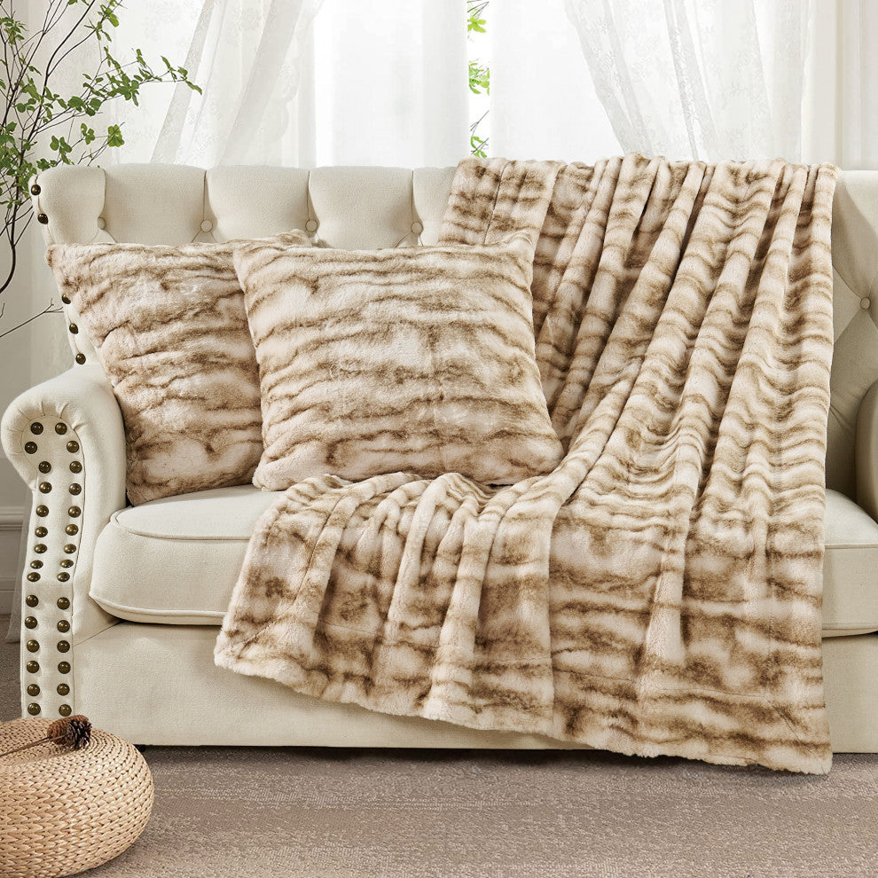 Raccoon Faux Fur Throw Blanket With 2 Pillows, Taupe, 50"x60"