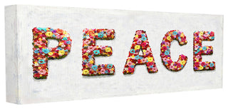 Peace Floral Bush Shapes Lettered Painted Typography Stretched Canvas, 10"x24"