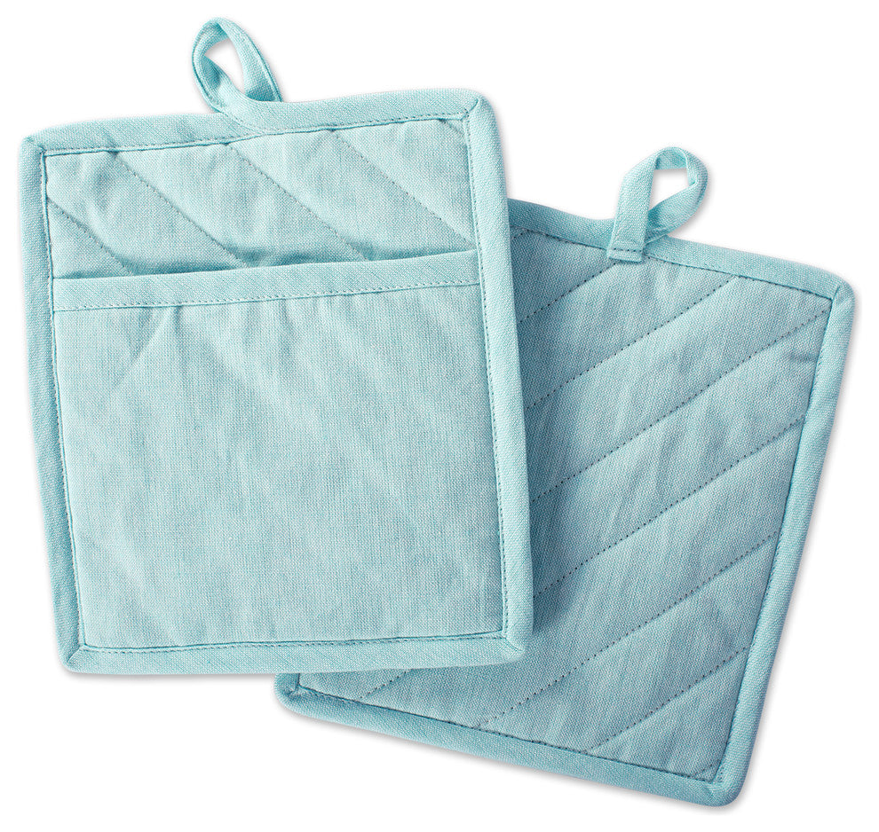 DII Aqua Solid Chambray Pot Holder, Set of 2