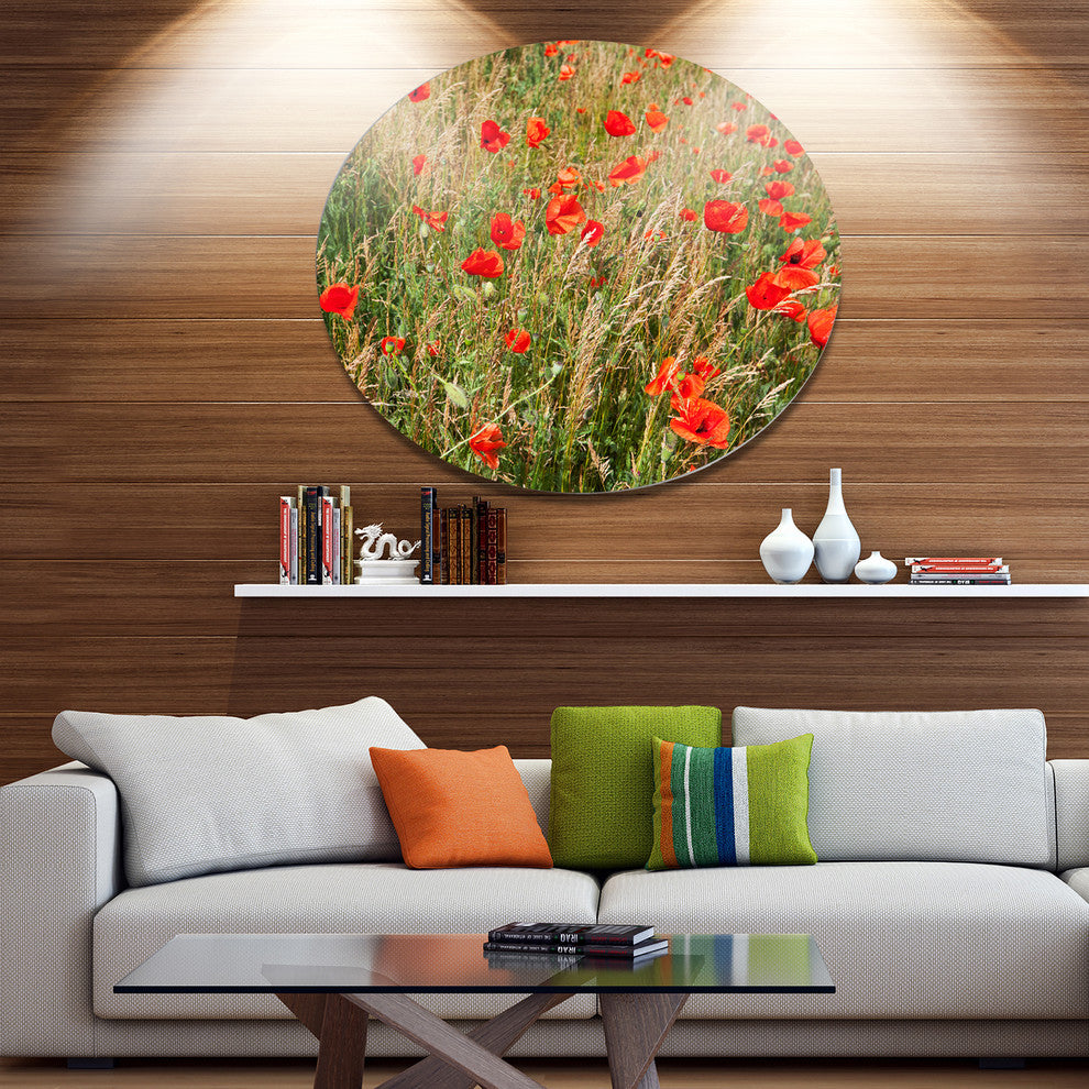 Red Poppy Field With Full Of Flowers, Flower Round Metal Wall Art, 23"
