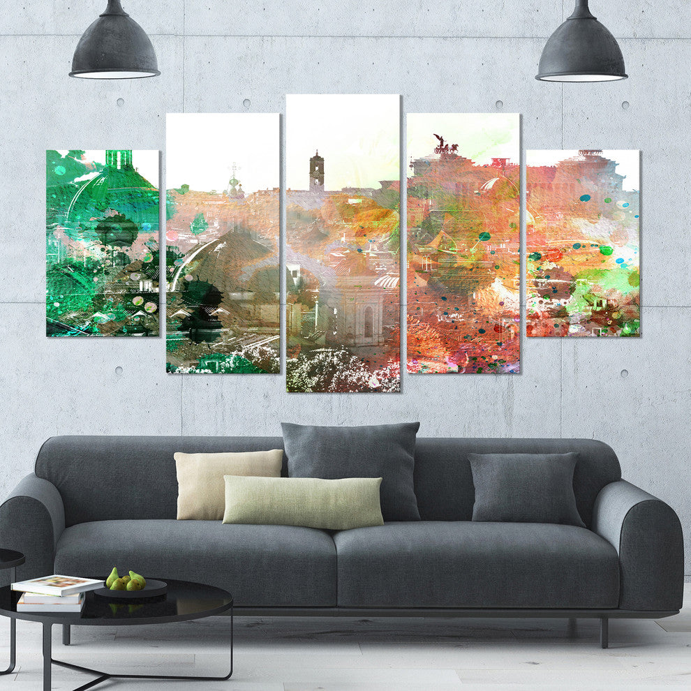 Colorful City Watercolor, Landscape Canvas Art Print, 60"x32", 5 Panels