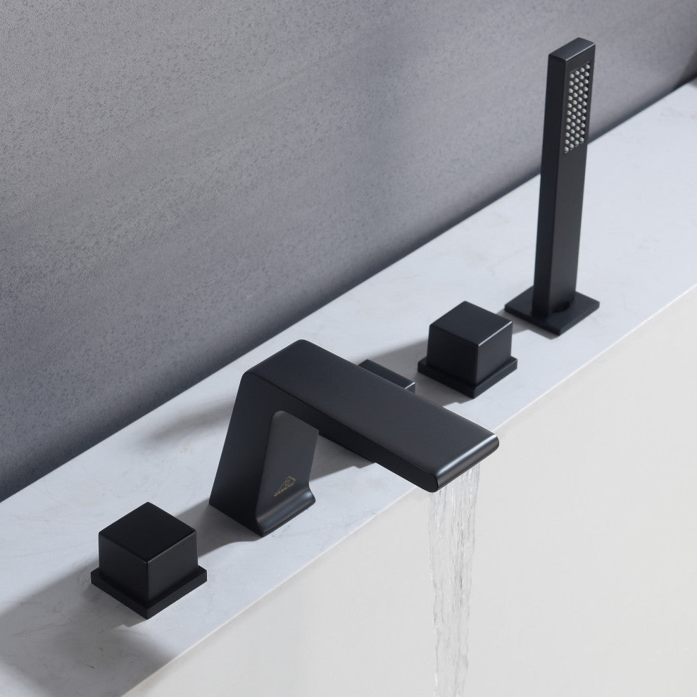 CASAINC Roman 5 Hole Waterfall Faucet Set with Bathtub Handheld Shower Head, Matte Black