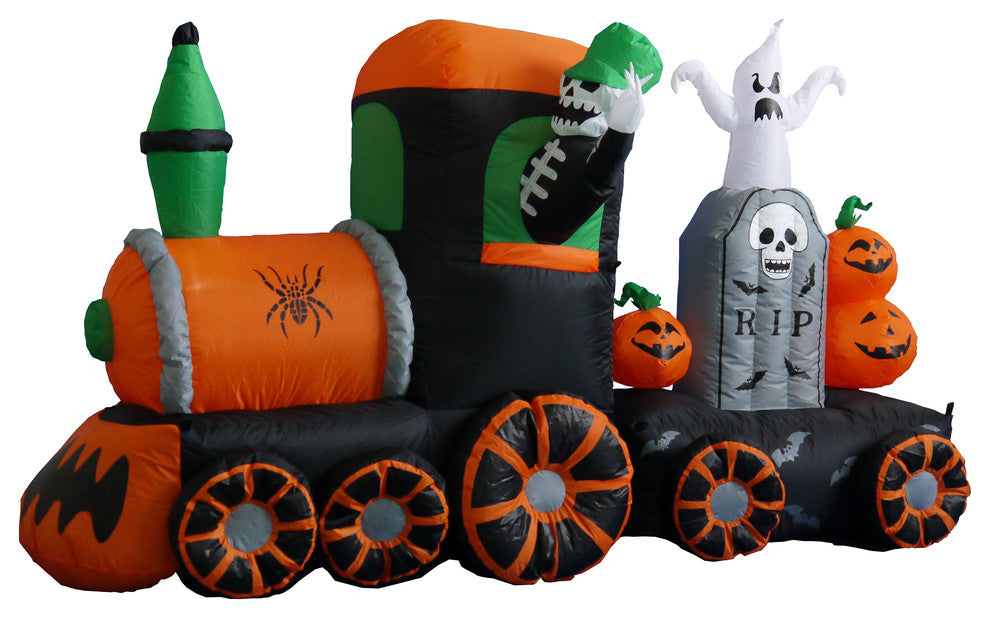 Skeleton on Train With Pumpkins and Ghost Tombstone, 7' Long