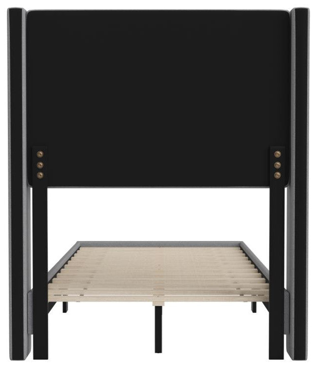 Hollis Upholstered Platform Bed with Wingback Headboard w/Mattress Foundation, Gray, Twin
