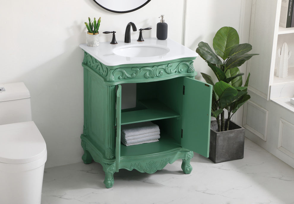 27" Single Bathroom Vanity, Antique Beige With ivory white engineered marble, Vintage Mint, Ivory White Engineered Marble Top