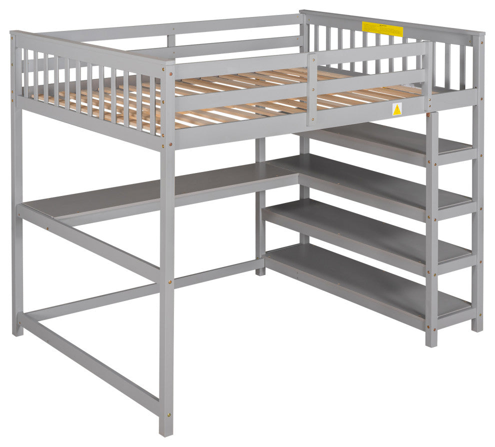 Gewnee Full Size Loft Bed with Storage Shelves and Under-bed Desk