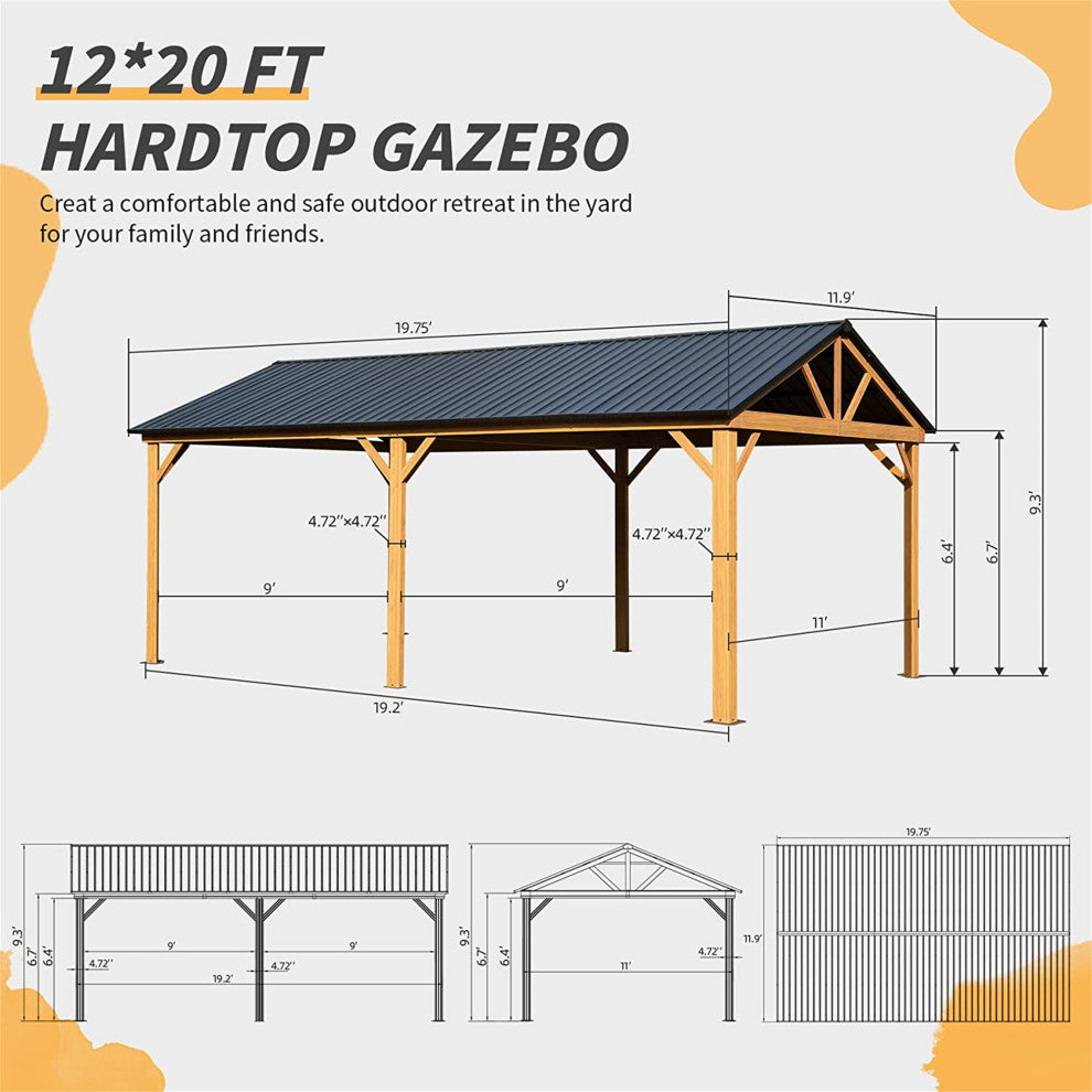 12x20ft Hardtop Gazebo, Galvanized Steel Gable Roof Gazebo Pergola