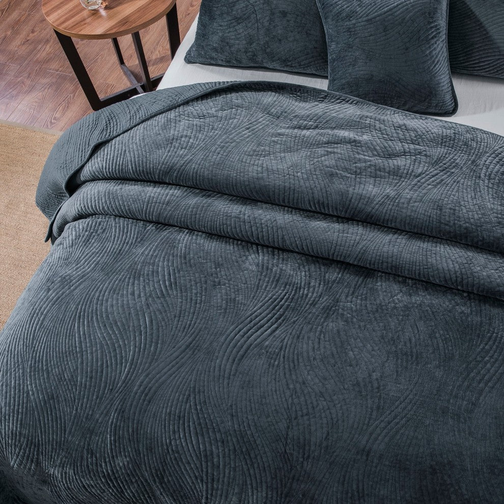 Navy Blue Velvet Plush Waves Bedspread Set, King