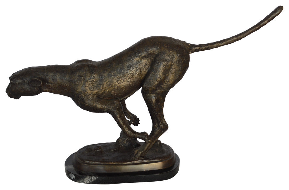 Cheetah Running Bronze Statue on a Marble Base -  Size: 30"L x 9"W x 19"H.