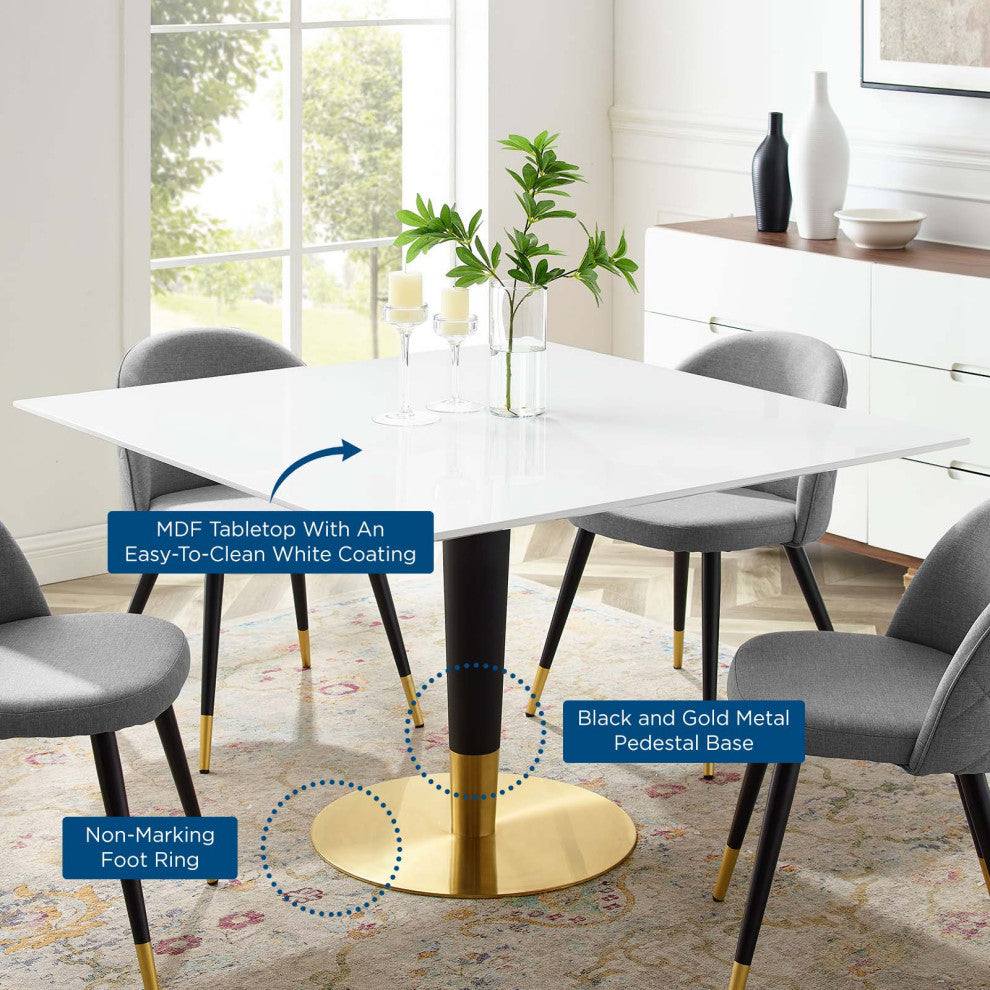 Dining Table, Square, Wood, Metal, Gold White, Modern, Cafe Bistro Restaurant