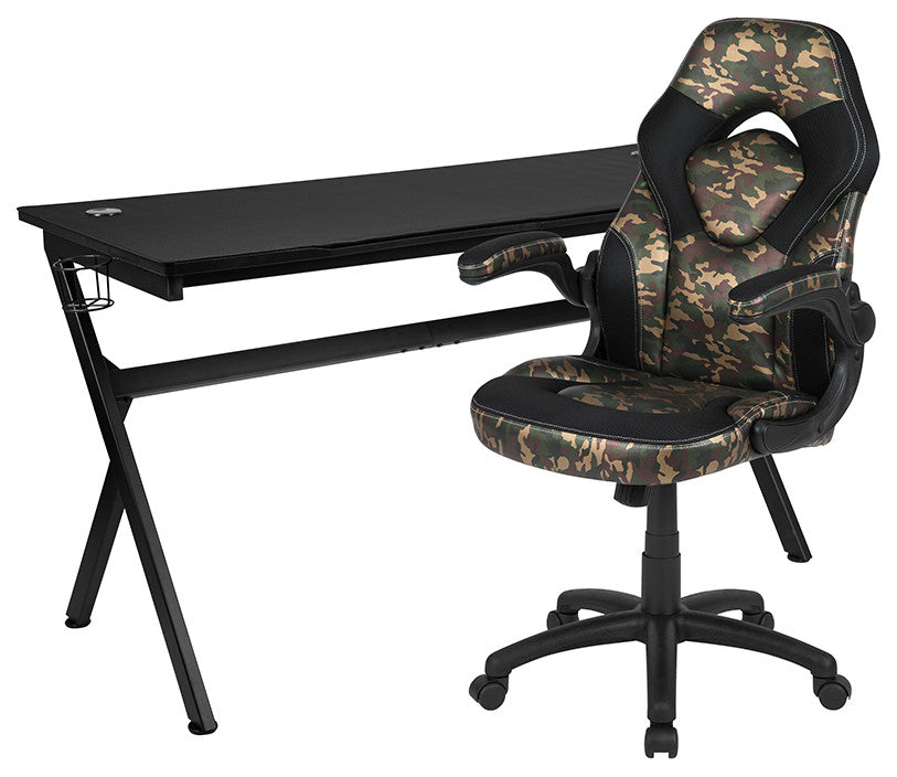 Gaming Desk and Camouflage/Black Racing Chair Set