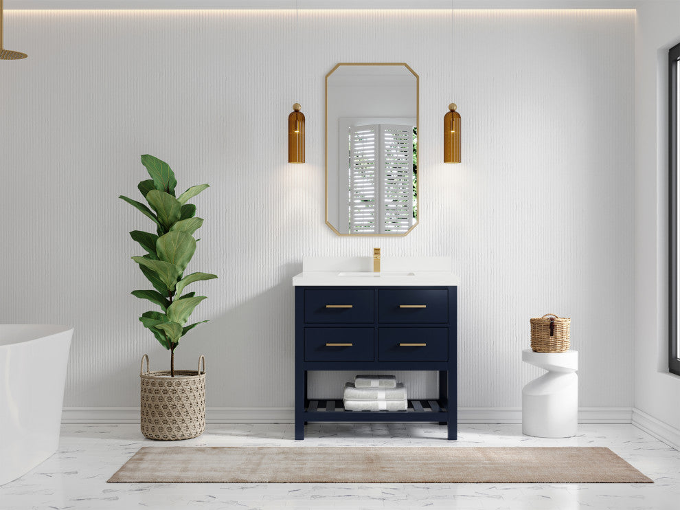 Parker 36 Single Sink Bath Vanity in Navy Blue  2" White Quartz