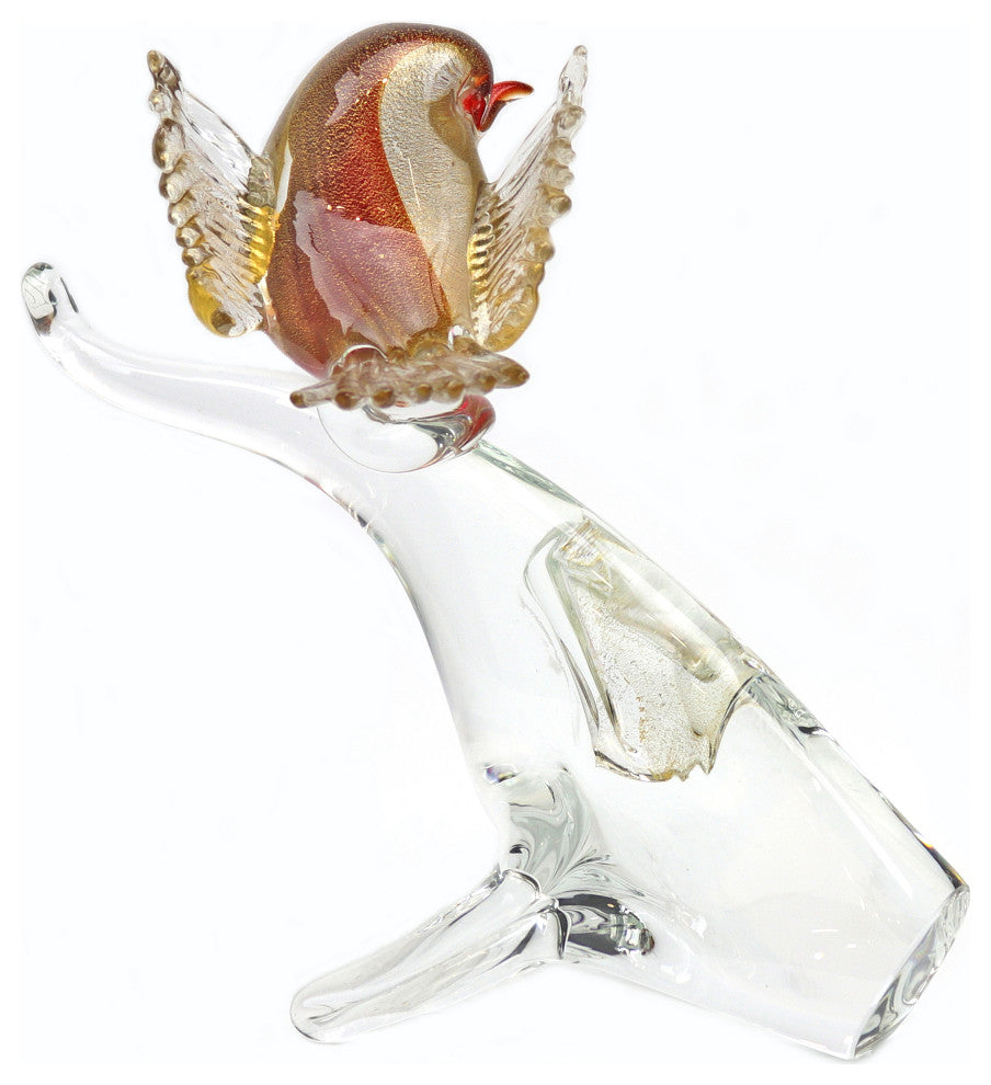 Murano Glass Bird on Branch, Red, Gold