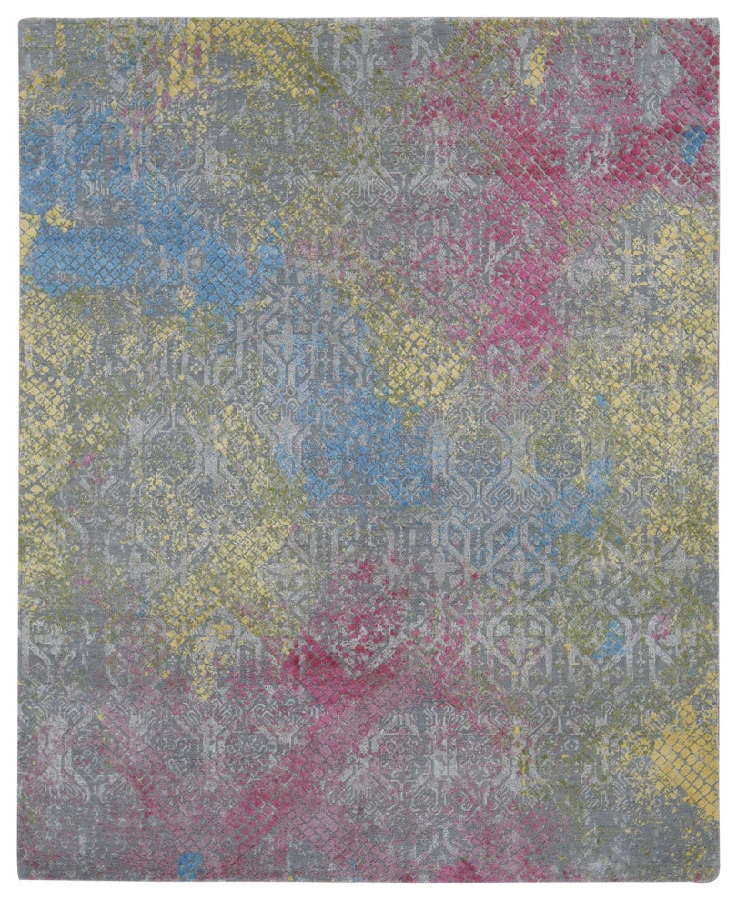 Gray, TRELLIS IN THE SPRING, Wool and Pure Silk, Hand Knotted Rug, 8'x10'