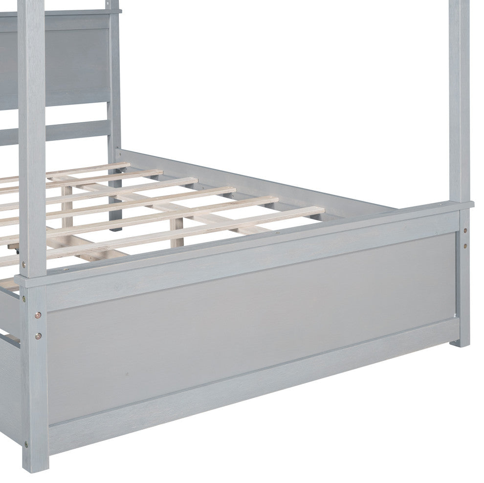 Full Wood Frame Canopy Platform bed with Trundle Bed, Grey, Full