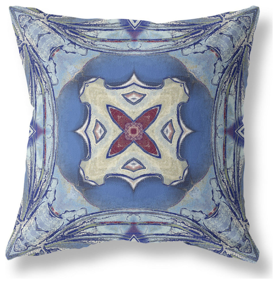 16" Blue Cream Geo Tribal Suede Throw Pillow