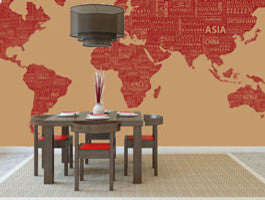 1-World Text Map Wall Mural, Red Wine, 8 panel, 166x89"