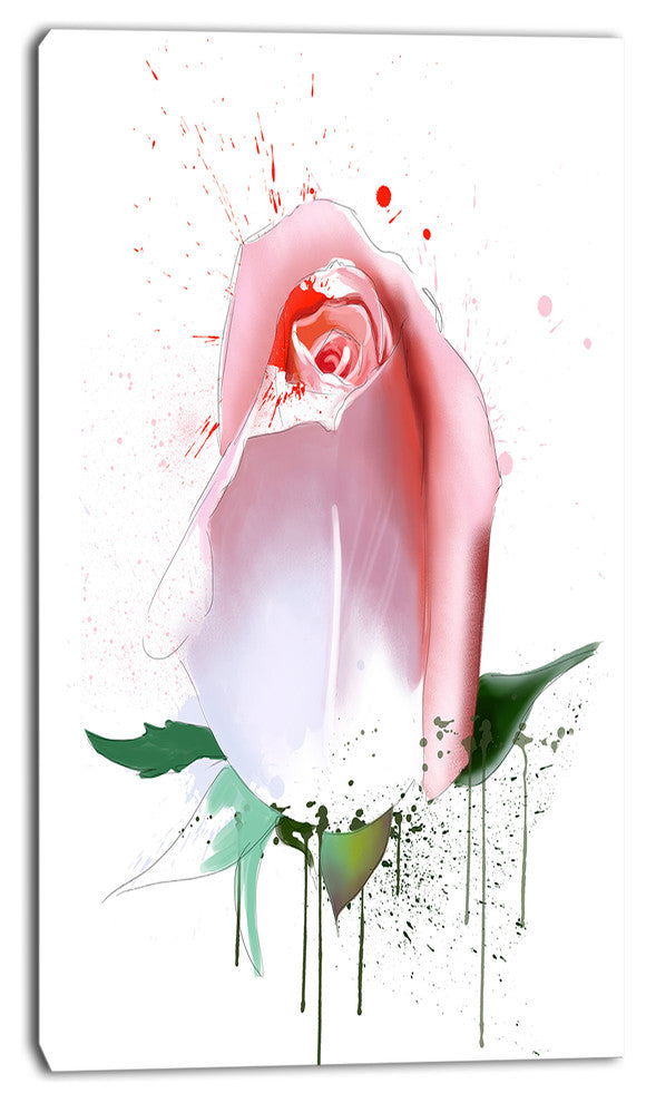 Pink Rose with Paint Splashes, Large Floral Canvas Artwork, 16"x32"