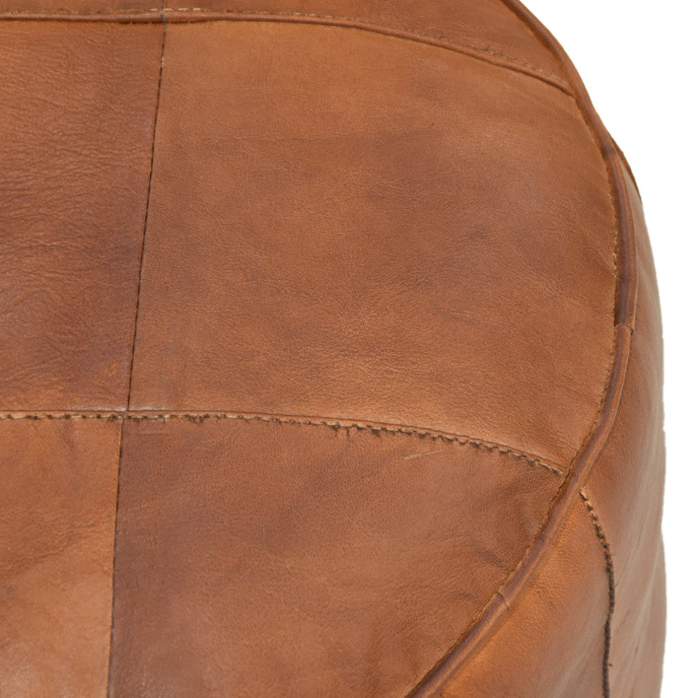 Geometric Handmade Leather Pouf, Recycled Foam With Fiber Fill, Cognac Color, Round, 16x16x16