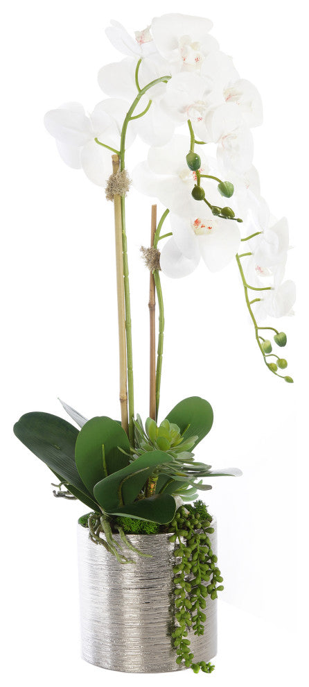 Real Touch White Orchid Flower Arrangement, Silver Ceramic Pot
