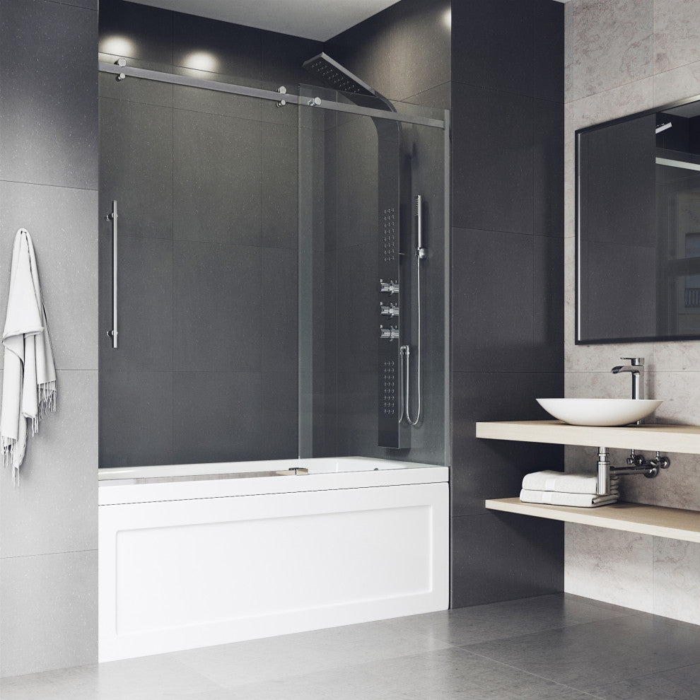 VIGO Luca 56" to 60" W x 58" H Frameless Sliding Tub Door, Chrome, Clear Glass