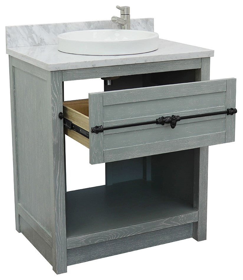 30" Single Vanity, Gray Ash, White Carrara Top, Round Sink